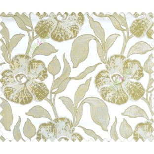 Large green beige leaf and big flower with embossed look on half white cream shiny fabric main curtain